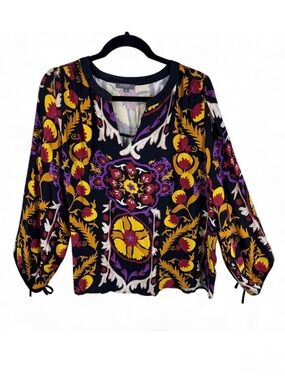 Haute Hippie Style Black Suzani Floral Print Tie Cuff Peasant Blouse 1X Womens